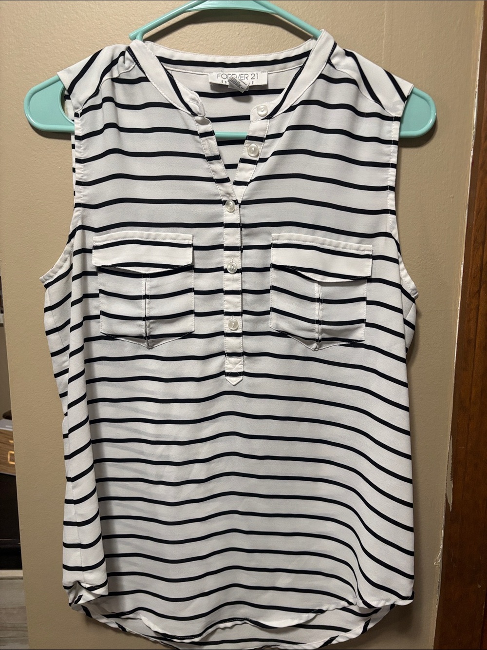 Forever 21 White and Black Striped Sleeveless Henley Camisole